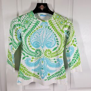 J.Mclaughlin Smooth Stretch Shirt Top 3/4 Sleeves Women's XS Blue Green White